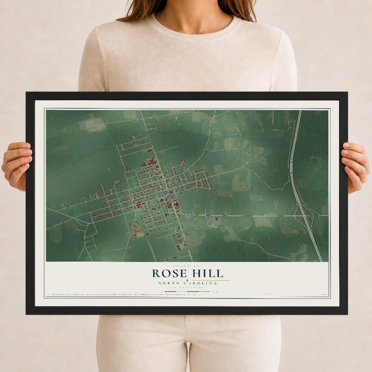 Map of Rose Hill, North Carolina, 12 x 18 inch print in a black wood frame