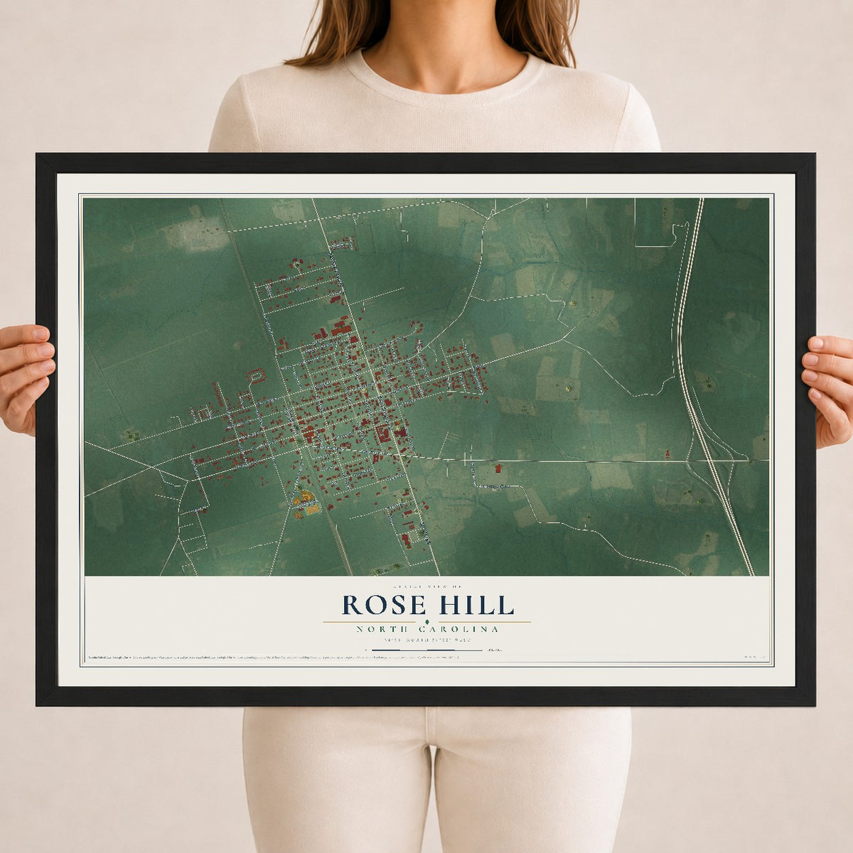 Map of Rose Hill, North Carolina, 18 x 24 inch print in a black wood frame