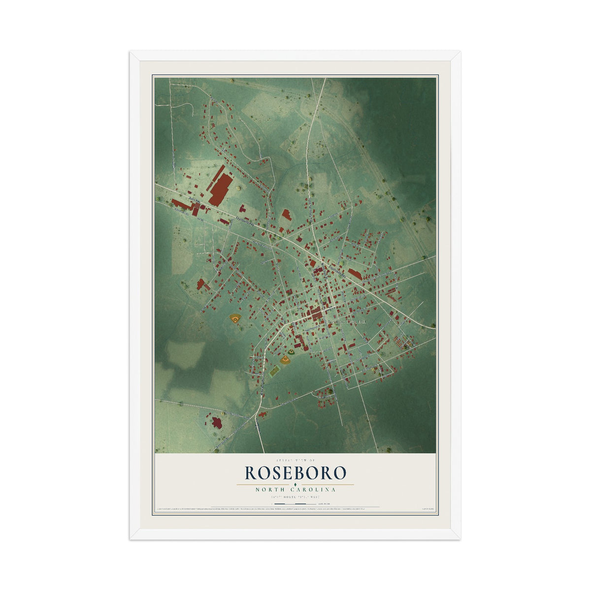Map of Roseboro, North Carolina, 12 x 18 inch print in a white wood frame