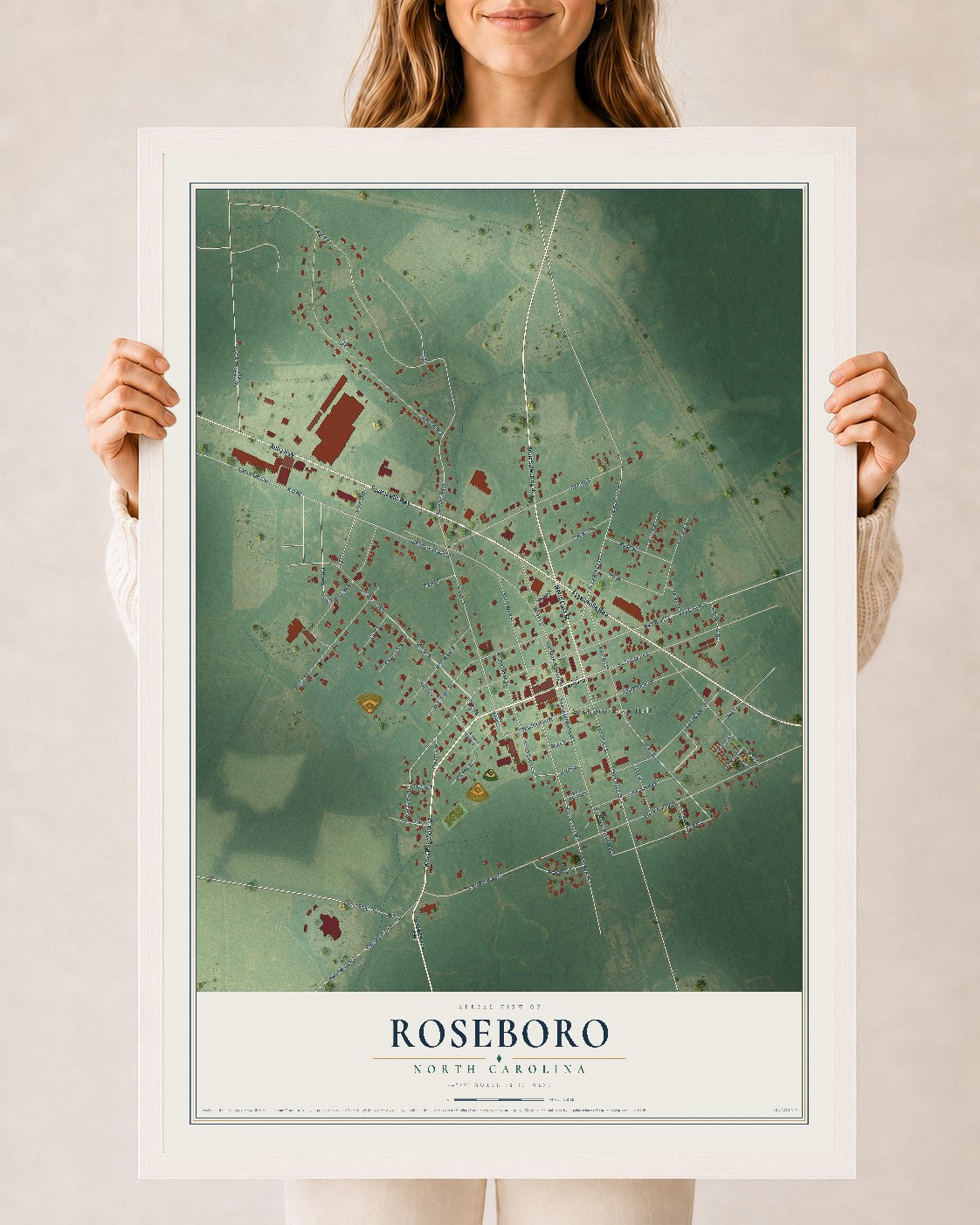 Map of Roseboro, North Carolina, 24 x 36 inch print in a white wood frame