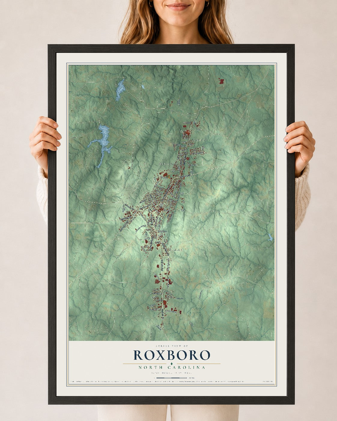Map of Roxboro, North Carolina, 24 x 36 inch print in a black wood frame