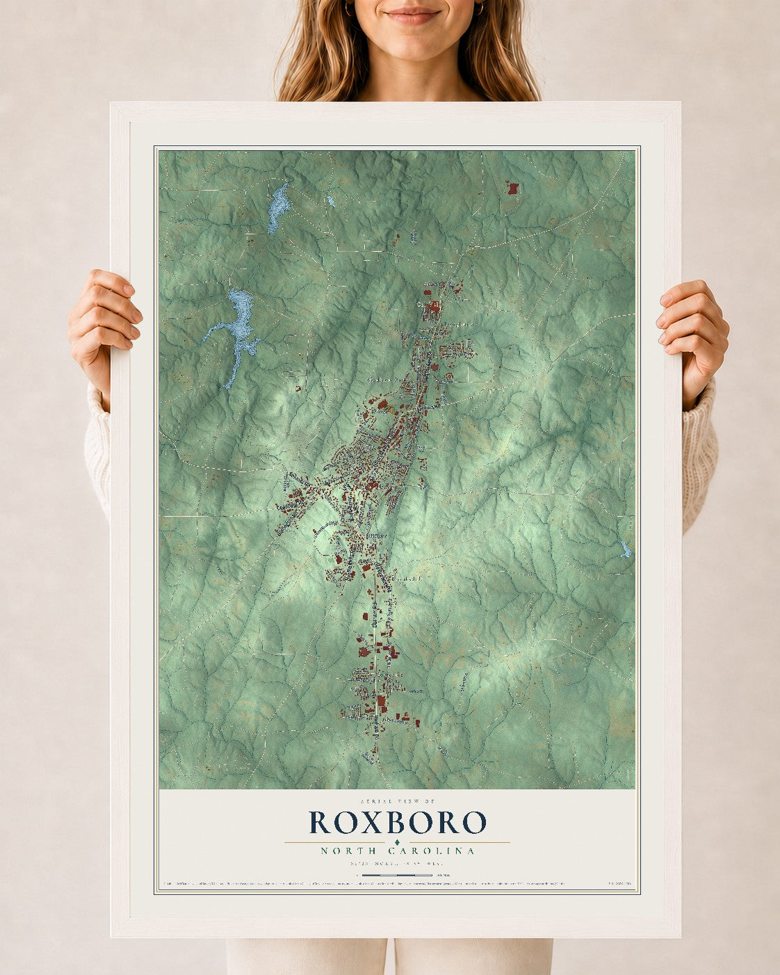 Map of Roxboro, North Carolina, 24 x 36 inch print in a white wood frame
