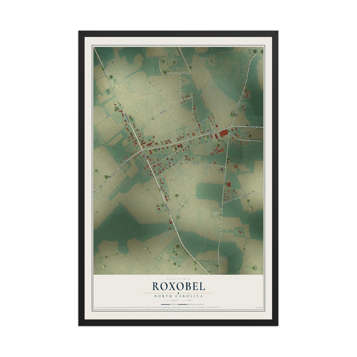 Map of Roxobel, North Carolina, 12 x 18 inch print in a black wood frame