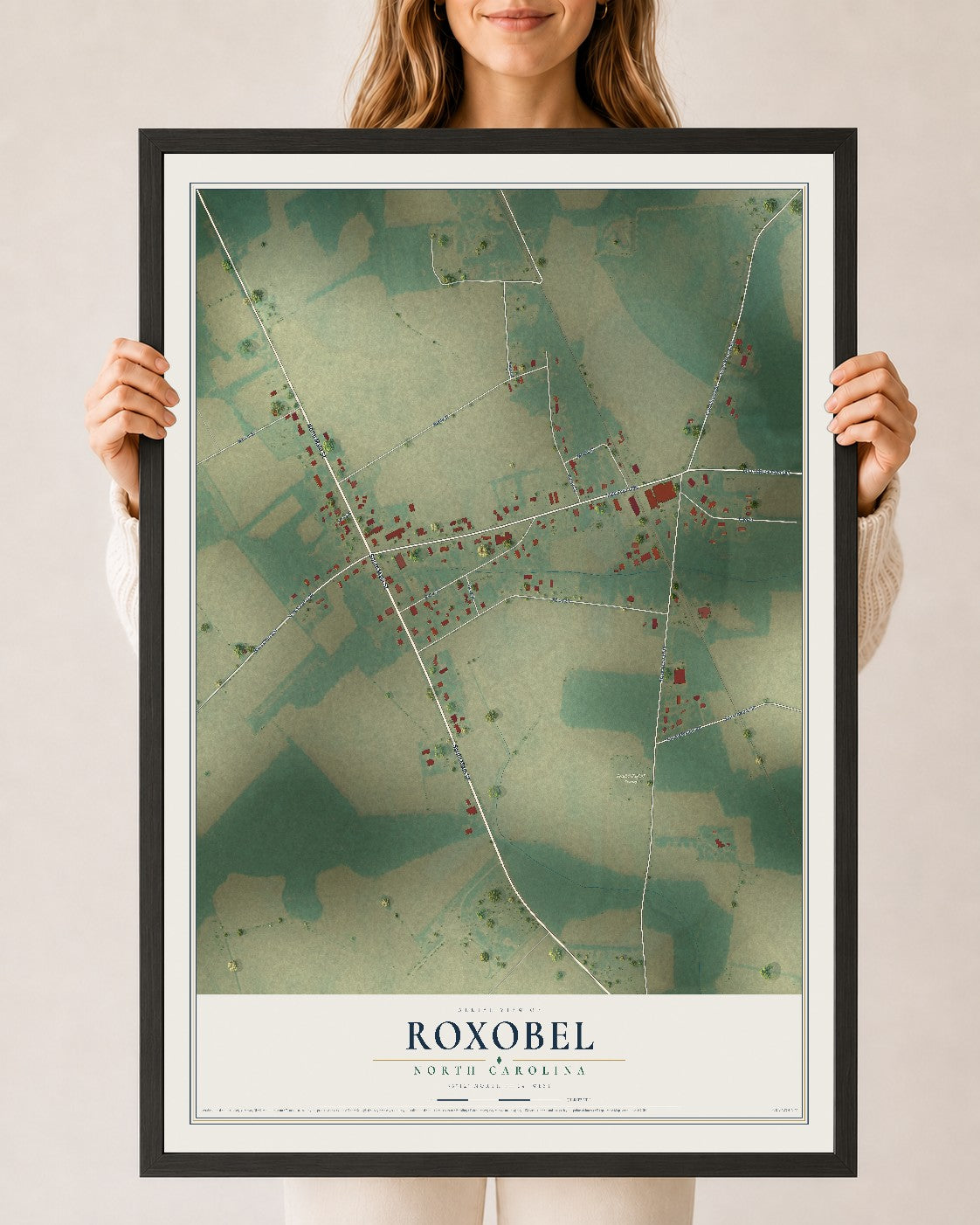 Map of Roxobel, North Carolina, 24 x 36 inch print in a black wood frame