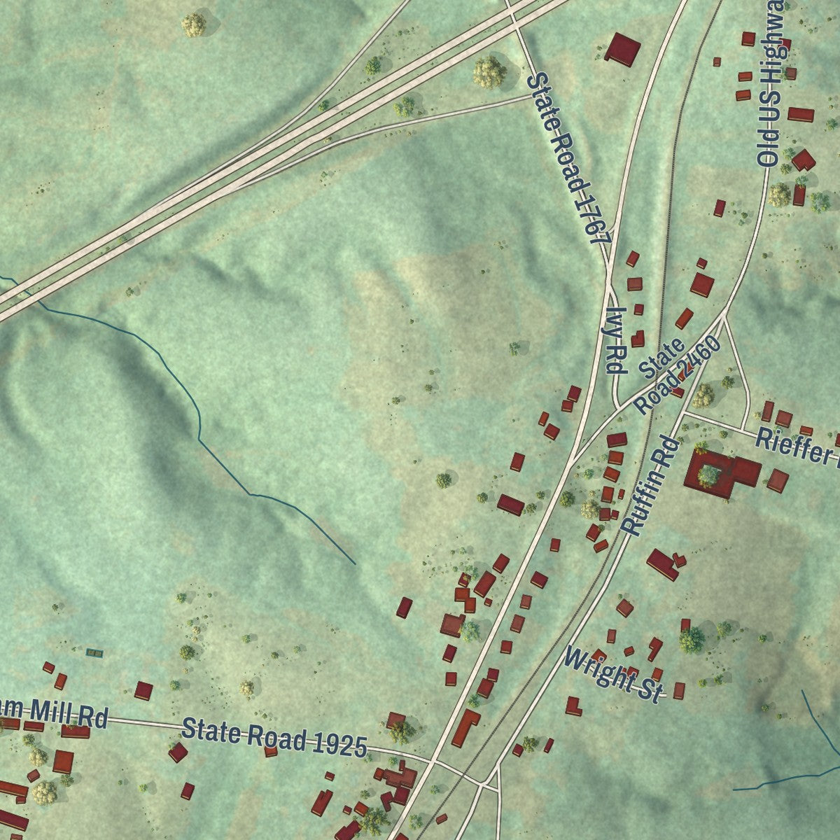 Close-up of the map of Ruffin, North Carolina print showing street and building detail