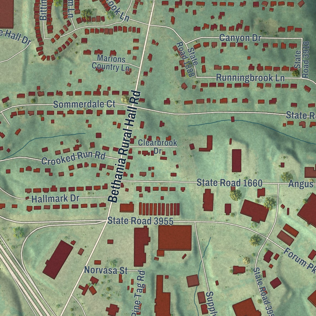 Close-up of the map of Rural Hall, North Carolina print showing street and building detail