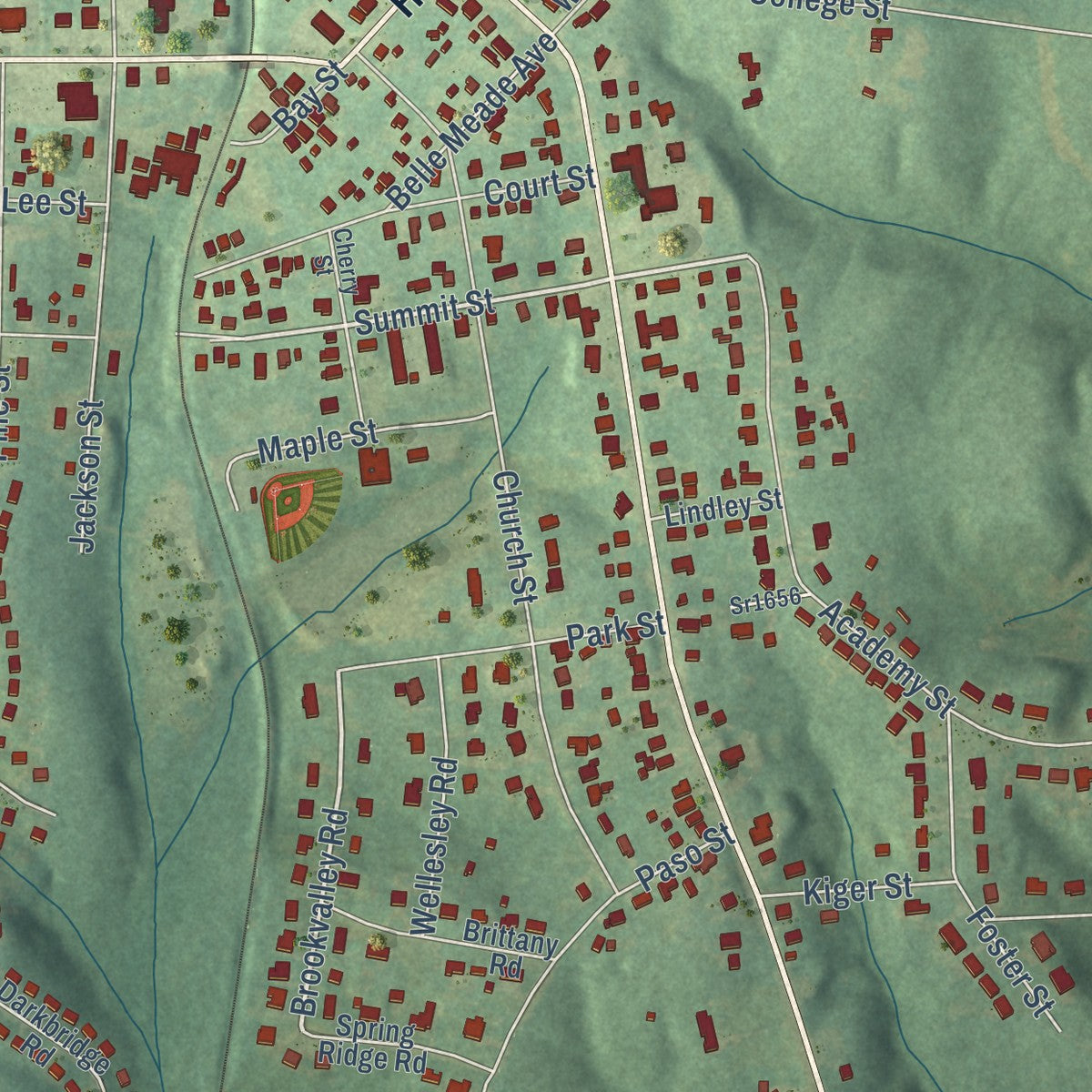 Second close-up of the map of Rural Hall, North Carolina print showing more streets and buildings