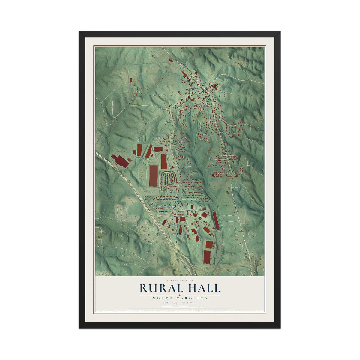 Map of Rural Hall, North Carolina, 12 x 18 inch print in a black wood frame