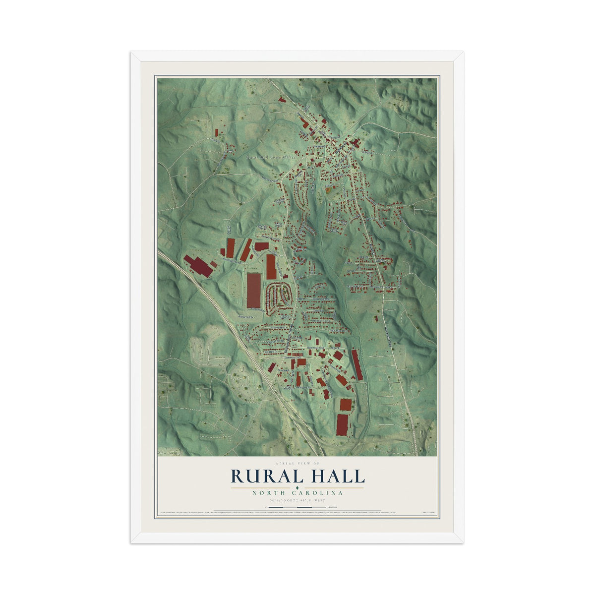 Map of Rural Hall, North Carolina, 12 x 18 inch print in a white wood frame