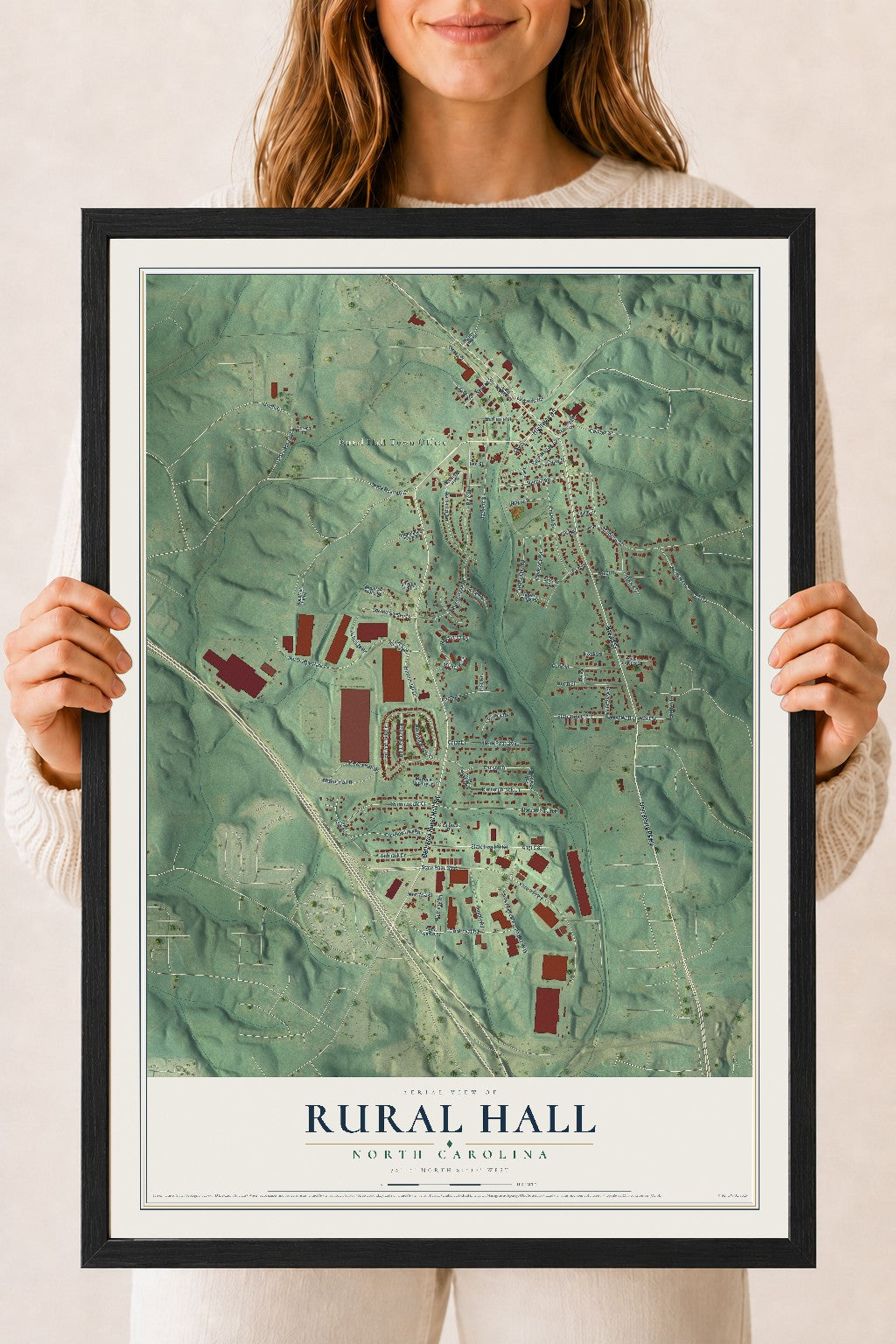 Map of Rural Hall, North Carolina, 18 x 24 inch print in a black wood frame