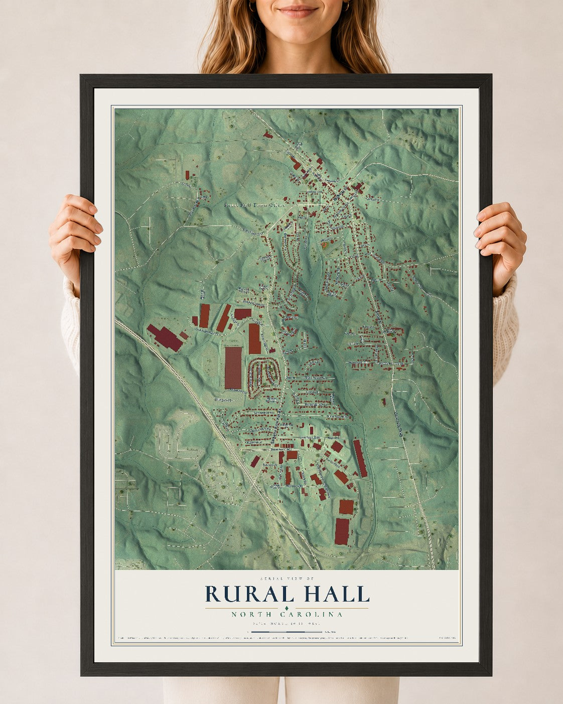 Map of Rural Hall, North Carolina, 24 x 36 inch print in a black wood frame