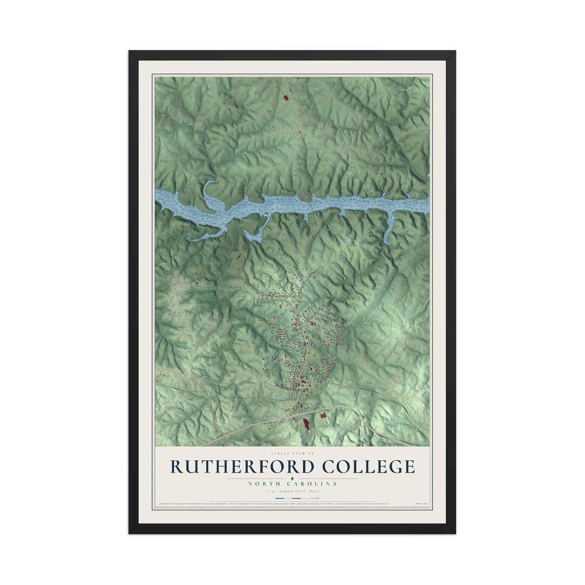 Map of Rutherford College, North Carolina, 12 x 18 inch print in a black wood frame