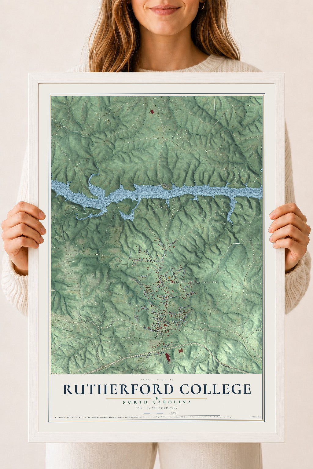 Map of Rutherford College, North Carolina, 18 x 24 inch print in a white wood frame