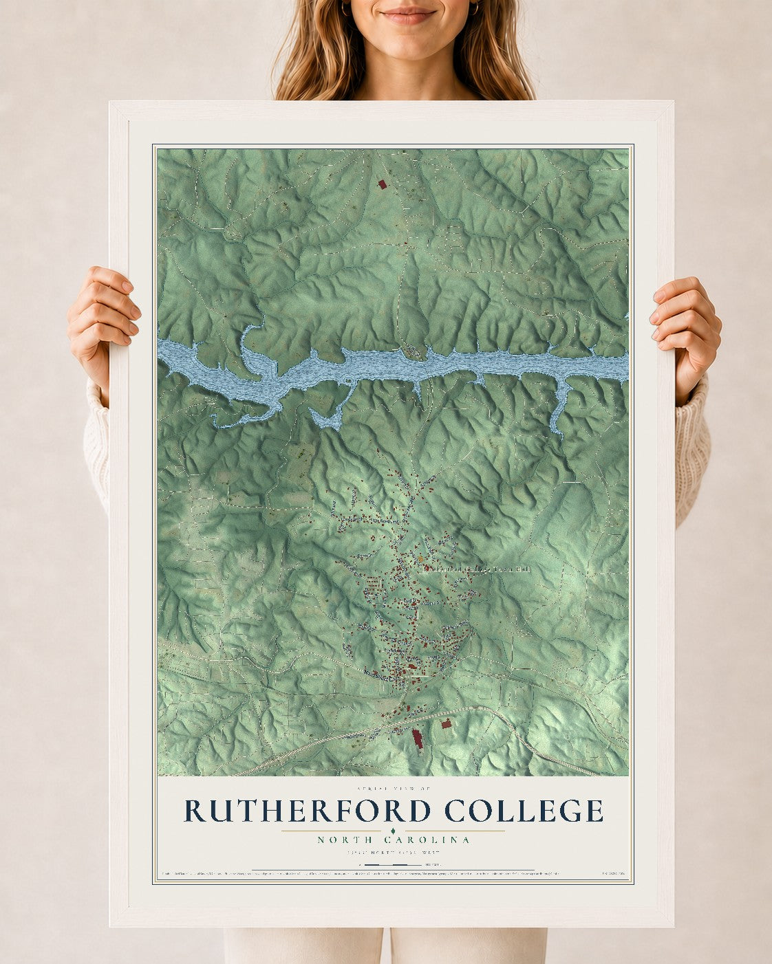 Map of Rutherford College, North Carolina, 24 x 36 inch print in a white wood frame