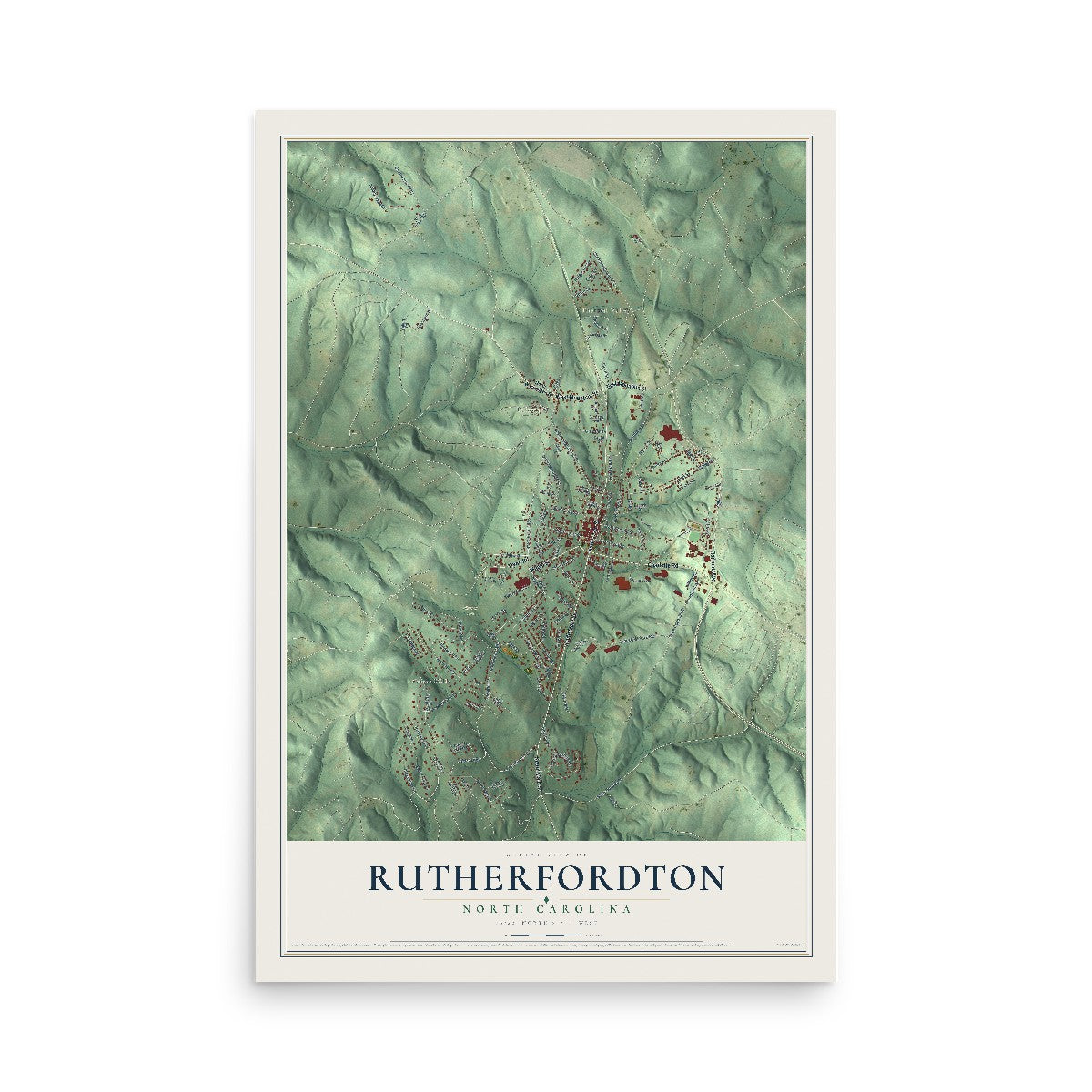 Map of Rutherfordton, North Carolina, 12 x 18 inch unframed archival matte print