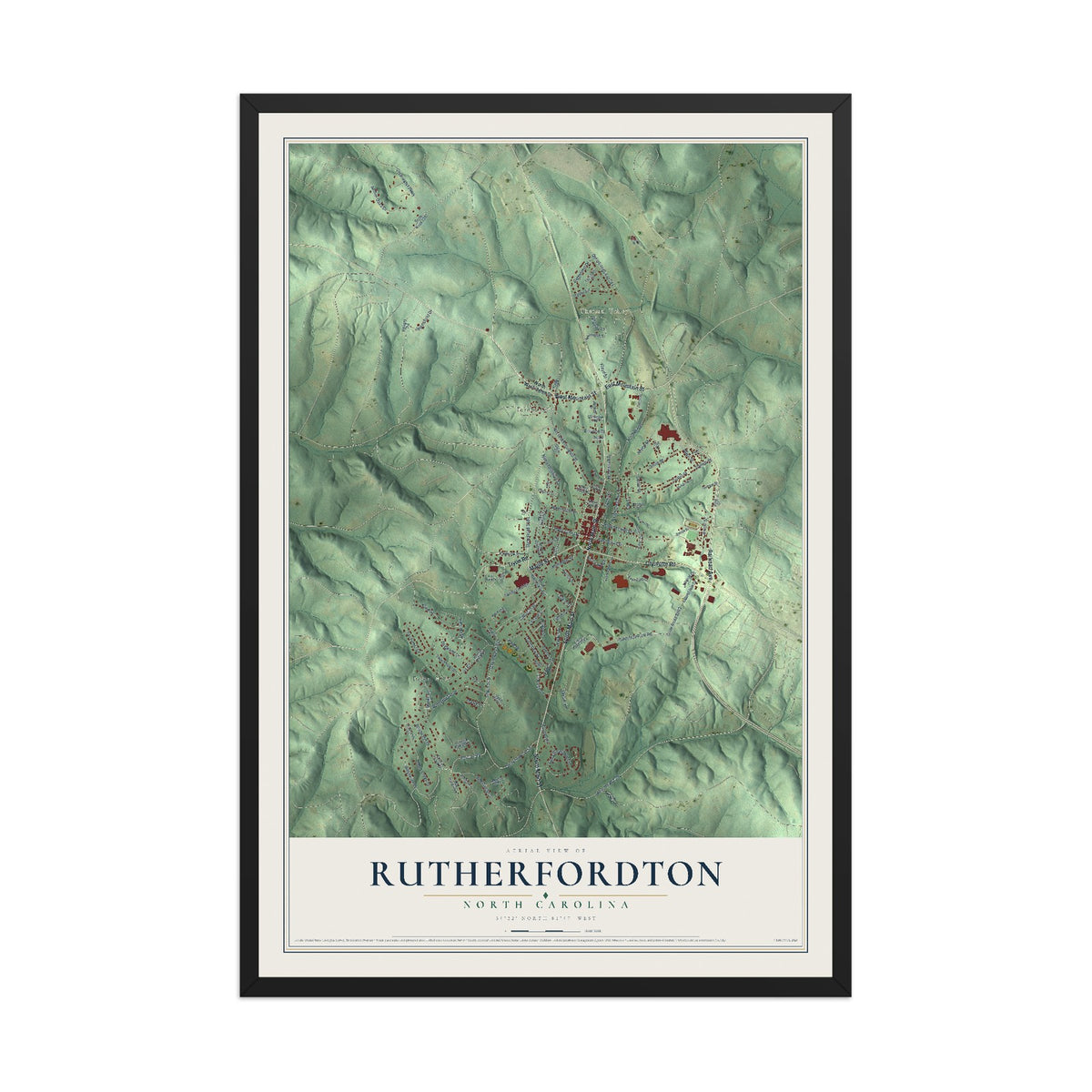 Map of Rutherfordton, North Carolina, 12 x 18 inch print in a black wood frame