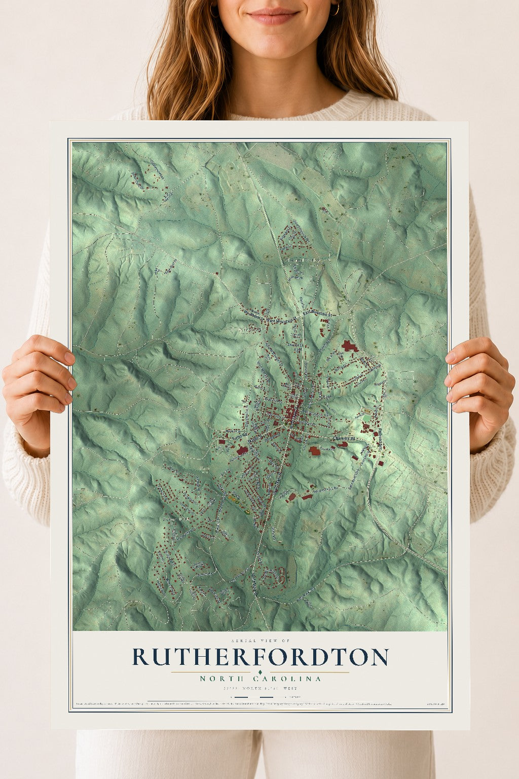 Map of Rutherfordton, North Carolina, 18 x 24 inch unframed archival matte print