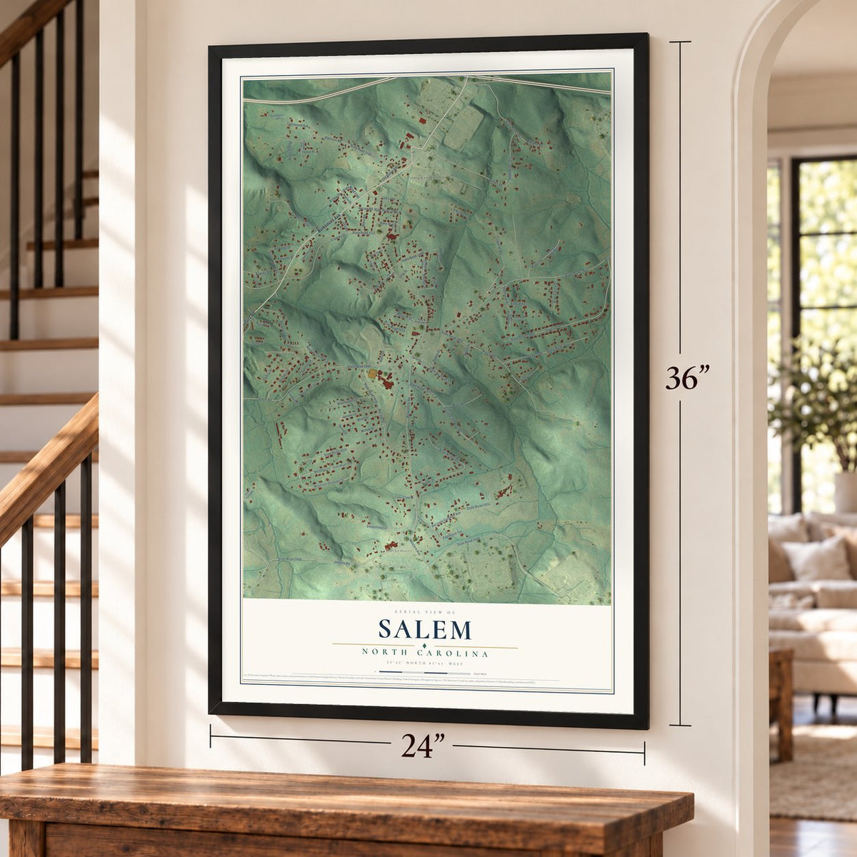 Salem, North Carolina map, 24 x 36 inch print in a black frame by a staircase