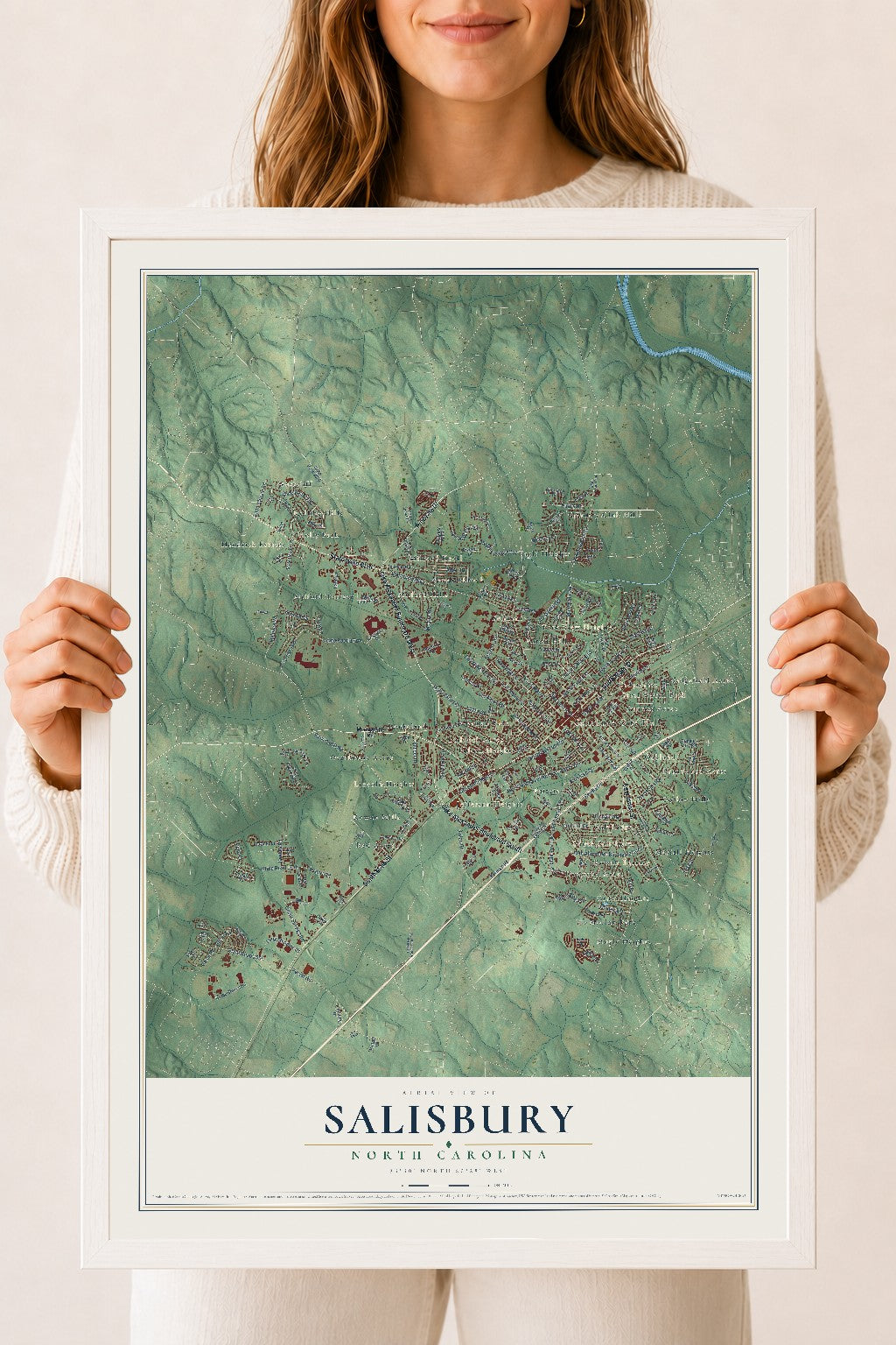 Map of Salisbury, North Carolina, 18 x 24 inch print in a white wood frame