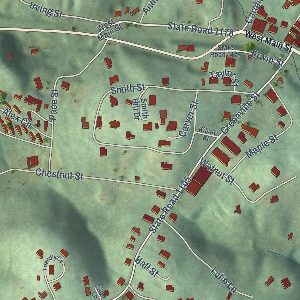 Close-up of the map of Saluda, North Carolina print showing street and building detail