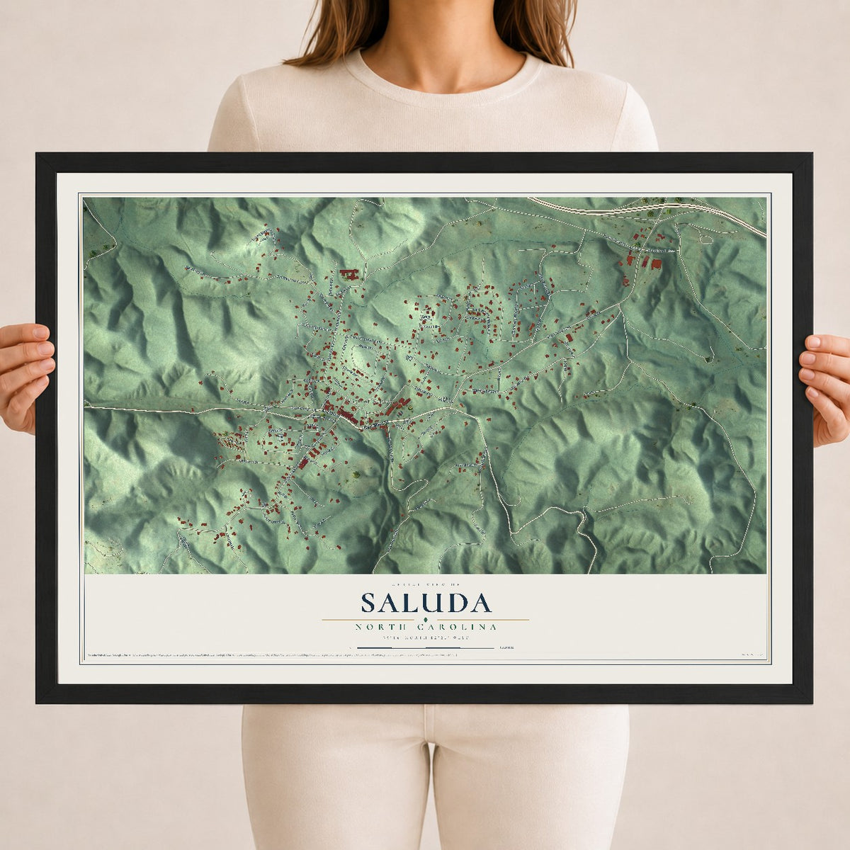 Map of Saluda, North Carolina, 18 x 24 inch print in a black wood frame