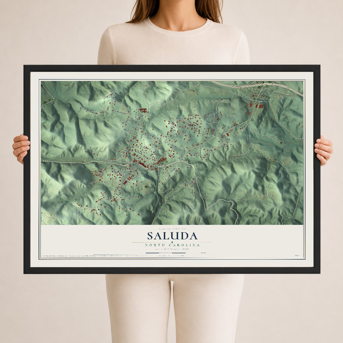 Map of Saluda, North Carolina, 24 x 36 inch print in a black wood frame