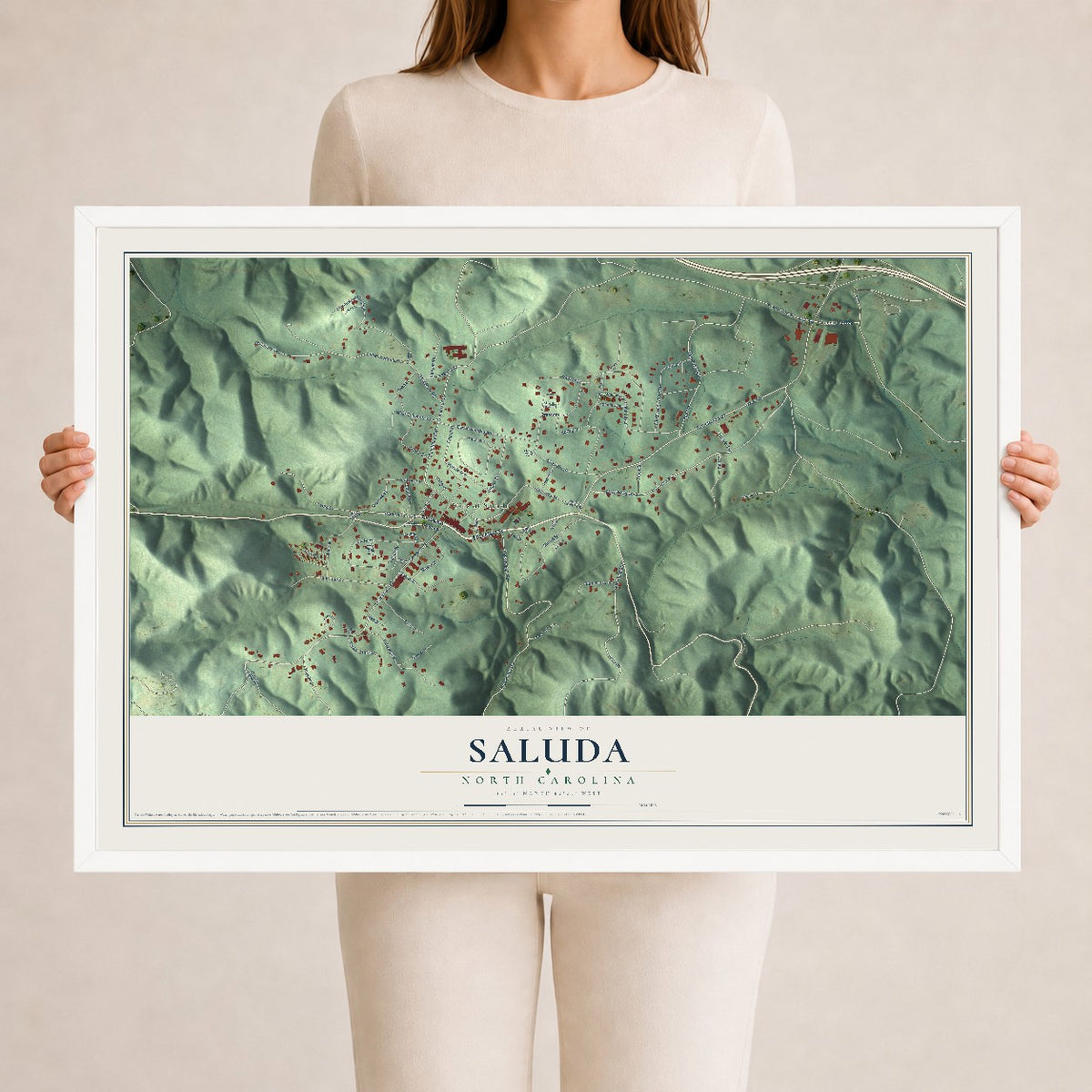 Map of Saluda, North Carolina, 24 x 36 inch print in a white wood frame