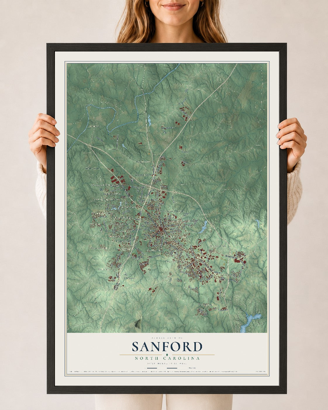 Map of Sanford, North Carolina, 24 x 36 inch print in a black wood frame