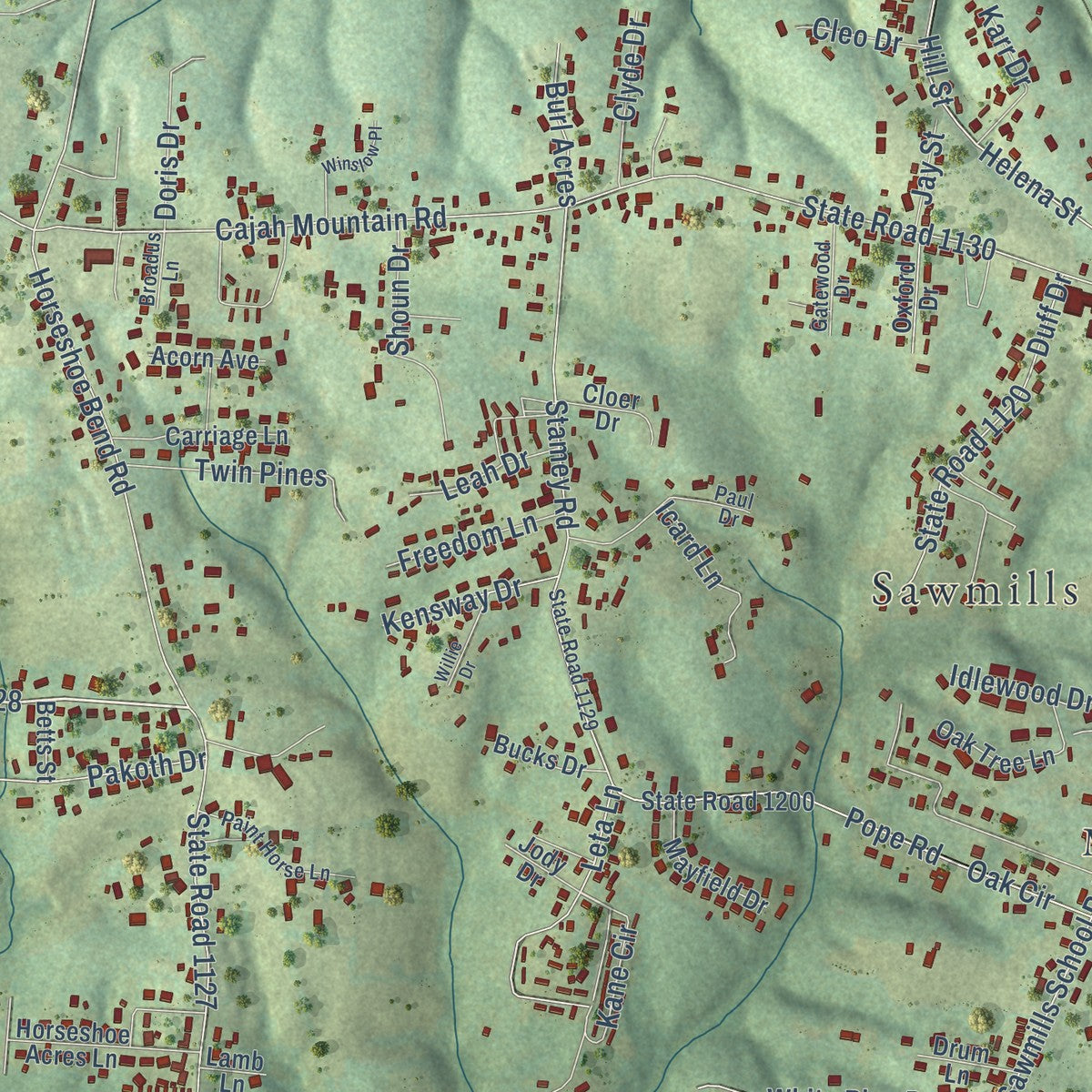 Close-up of the map of Sawmills, North Carolina print showing street and building detail