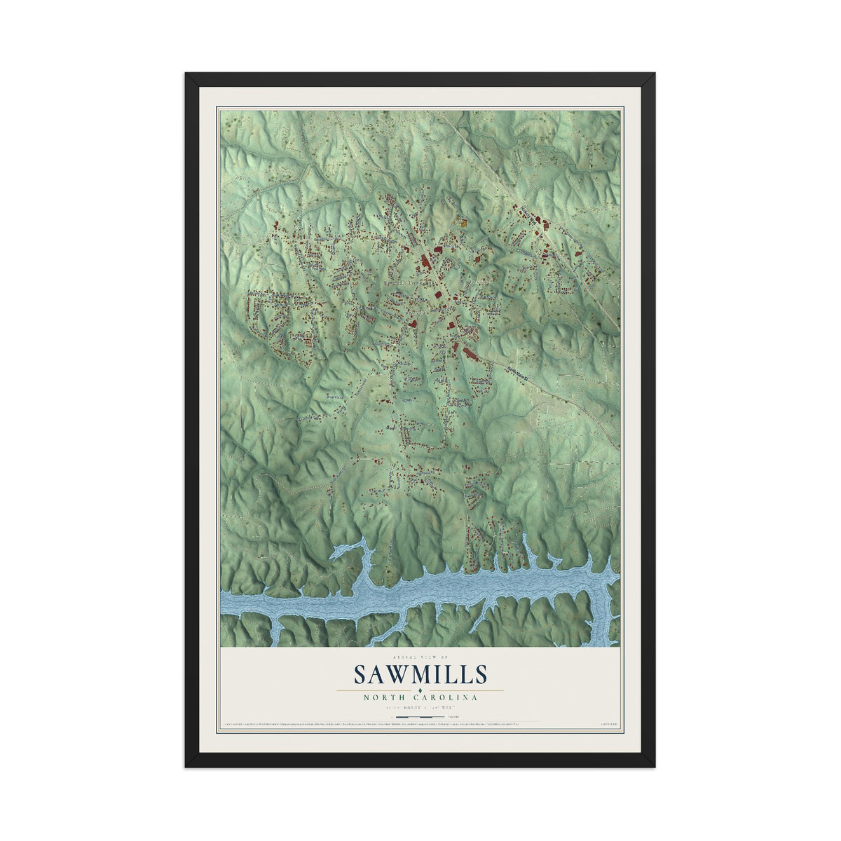Map of Sawmills, North Carolina, 12 x 18 inch print in a black wood frame