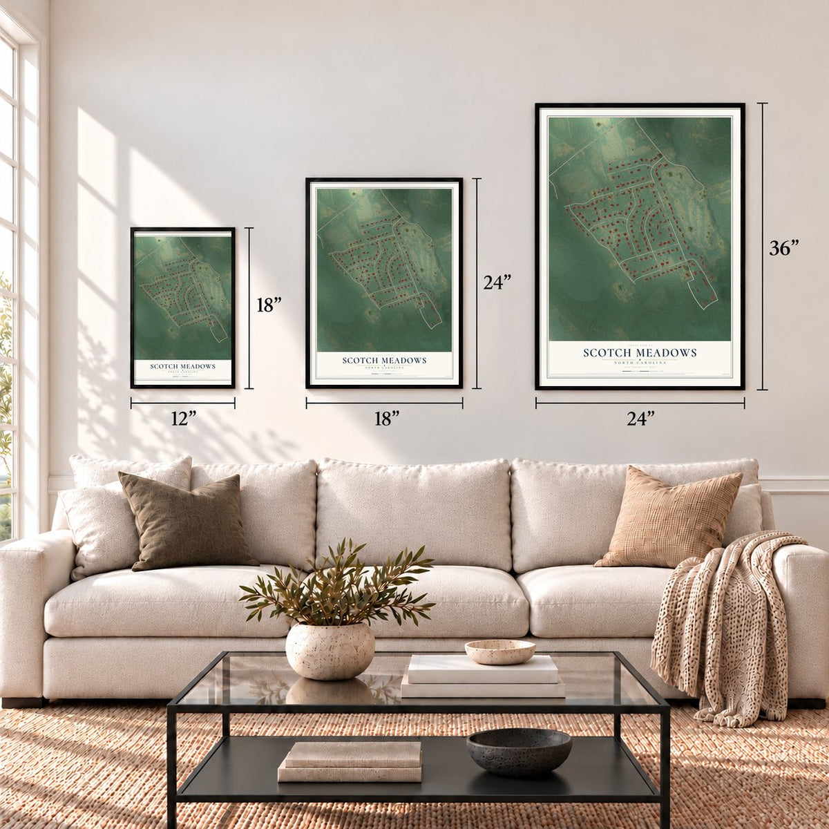 Scotch Meadows, North Carolina map in 12 x 18, 18 x 24 and 24 x 36 inch sizes above a sofa