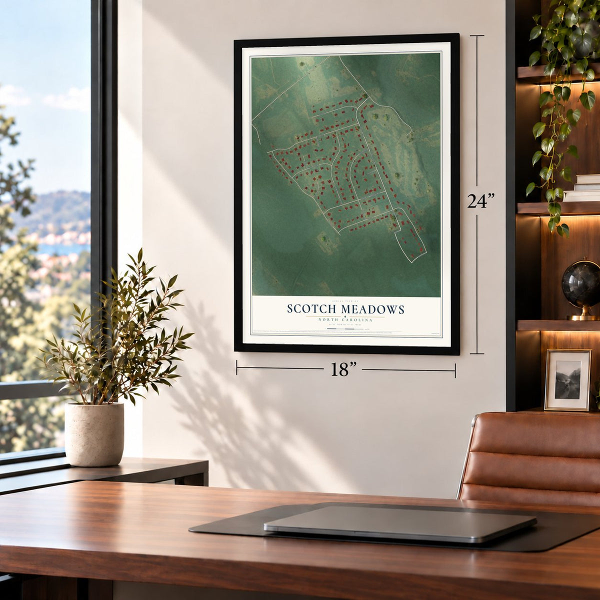 Scotch Meadows, North Carolina map, 18 x 24 inch print in a black frame in a home office