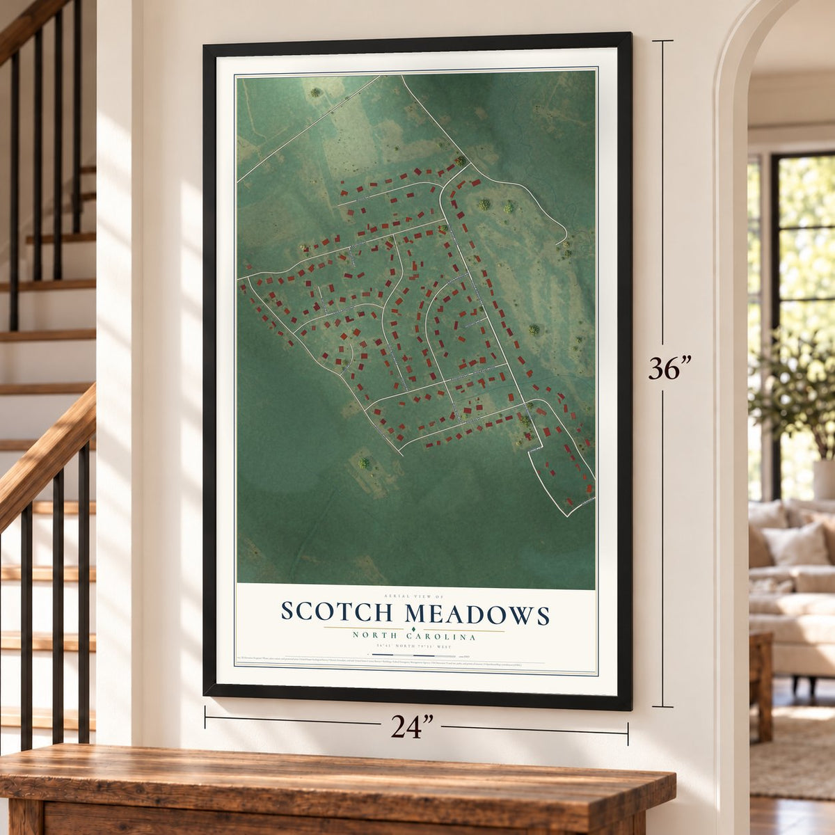 Scotch Meadows, North Carolina map, 24 x 36 inch print in a black frame by a staircase
