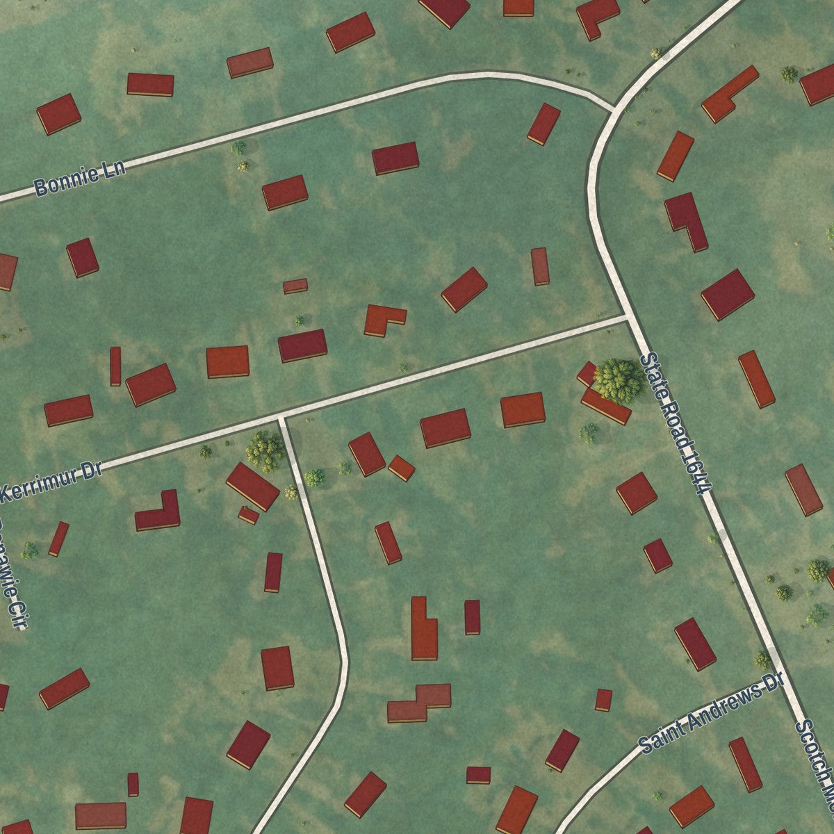 Close-up of the map of Scotch Meadows, North Carolina print showing street and building detail
