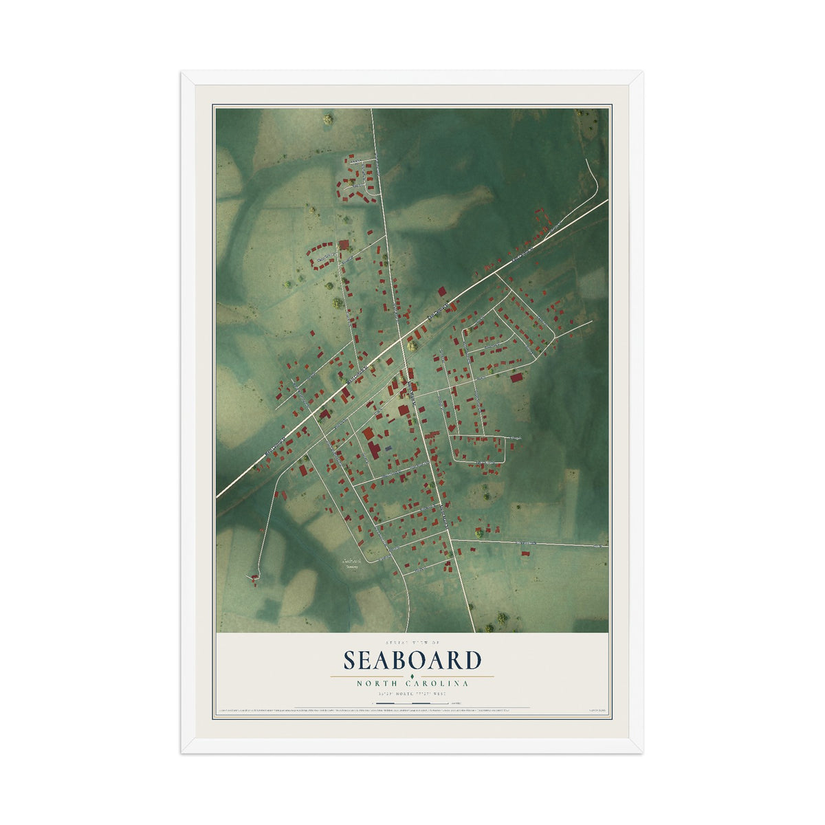 Map of Seaboard, North Carolina, 12 x 18 inch print in a white wood frame