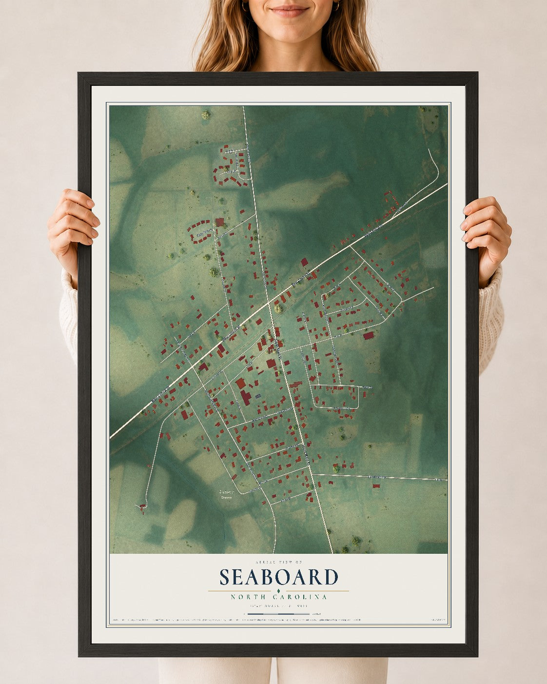 Map of Seaboard, North Carolina, 24 x 36 inch print in a black wood frame