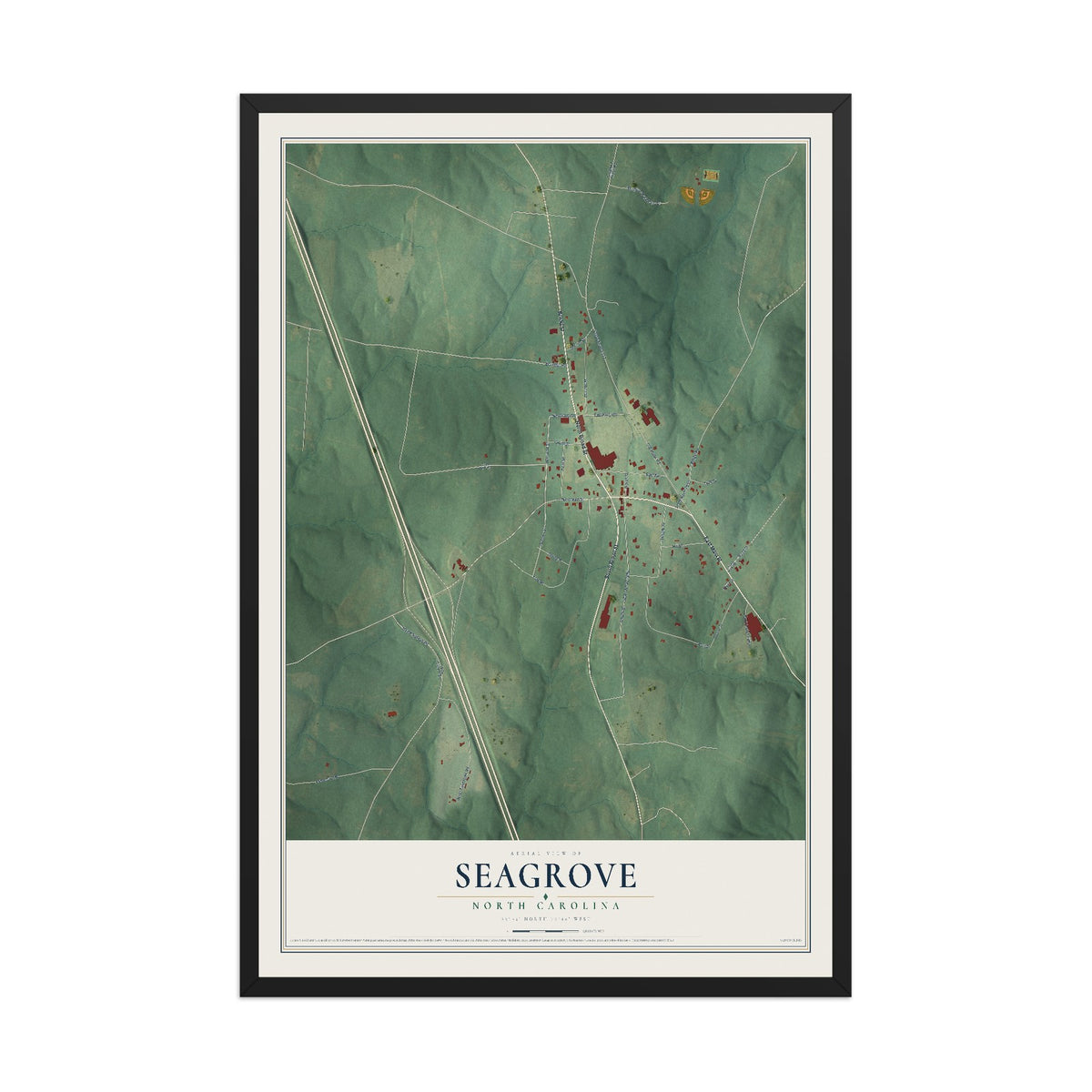 Map of Seagrove, North Carolina, 12 x 18 inch print in a black wood frame