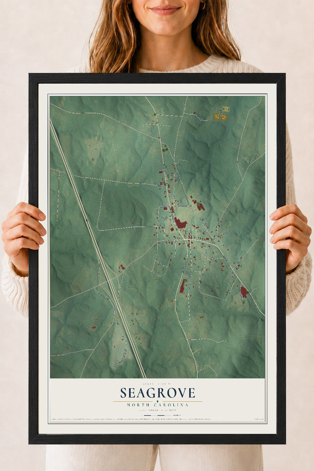 Map of Seagrove, North Carolina, 18 x 24 inch print in a black wood frame