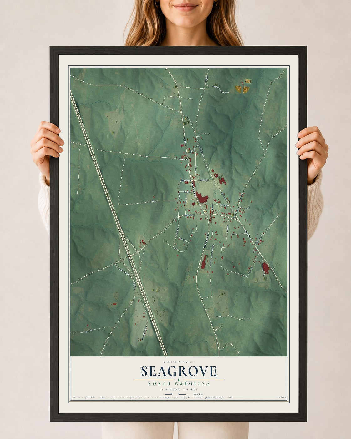 Map of Seagrove, North Carolina, 24 x 36 inch print in a black wood frame