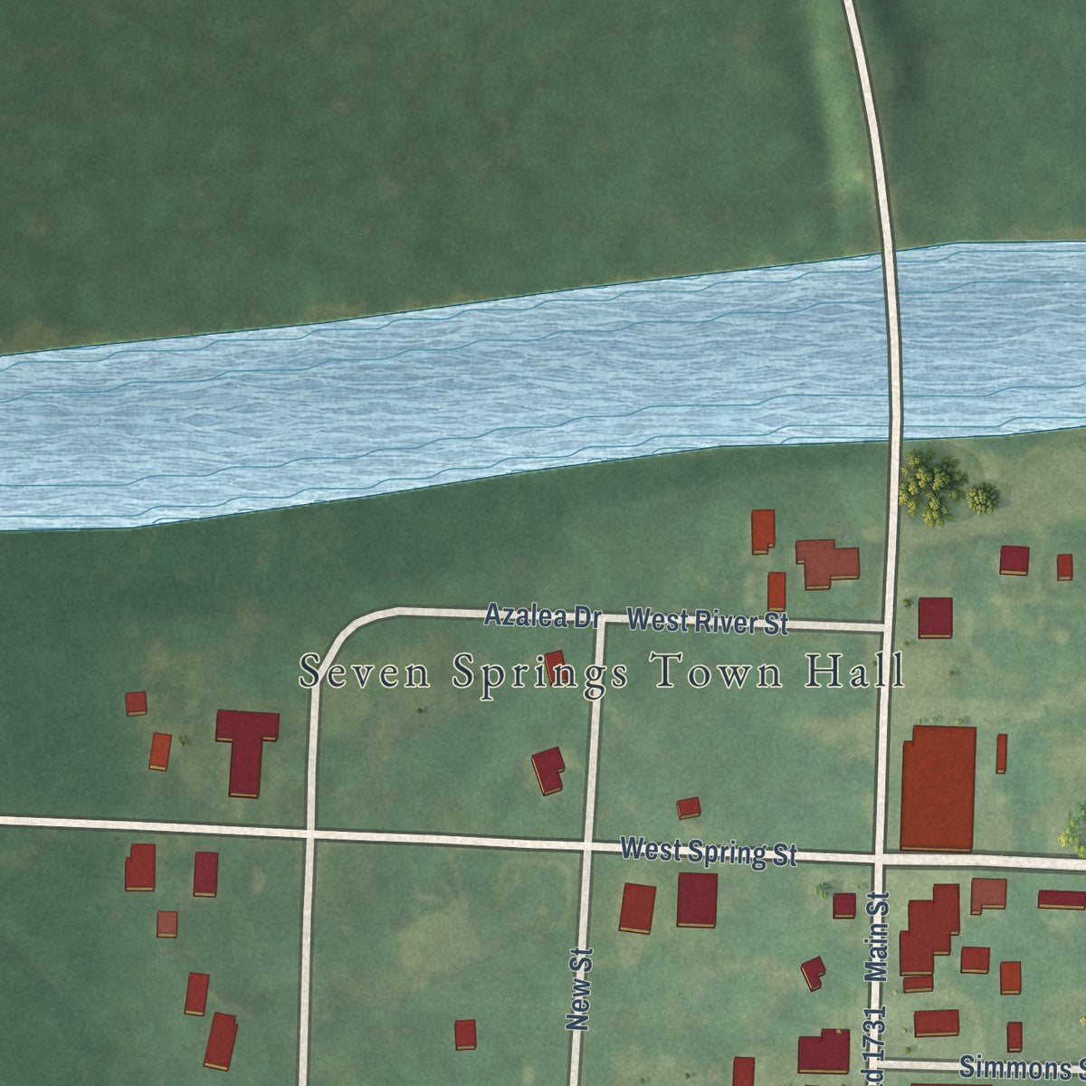 Close-up of the map of Seven Springs, North Carolina print showing street and building detail
