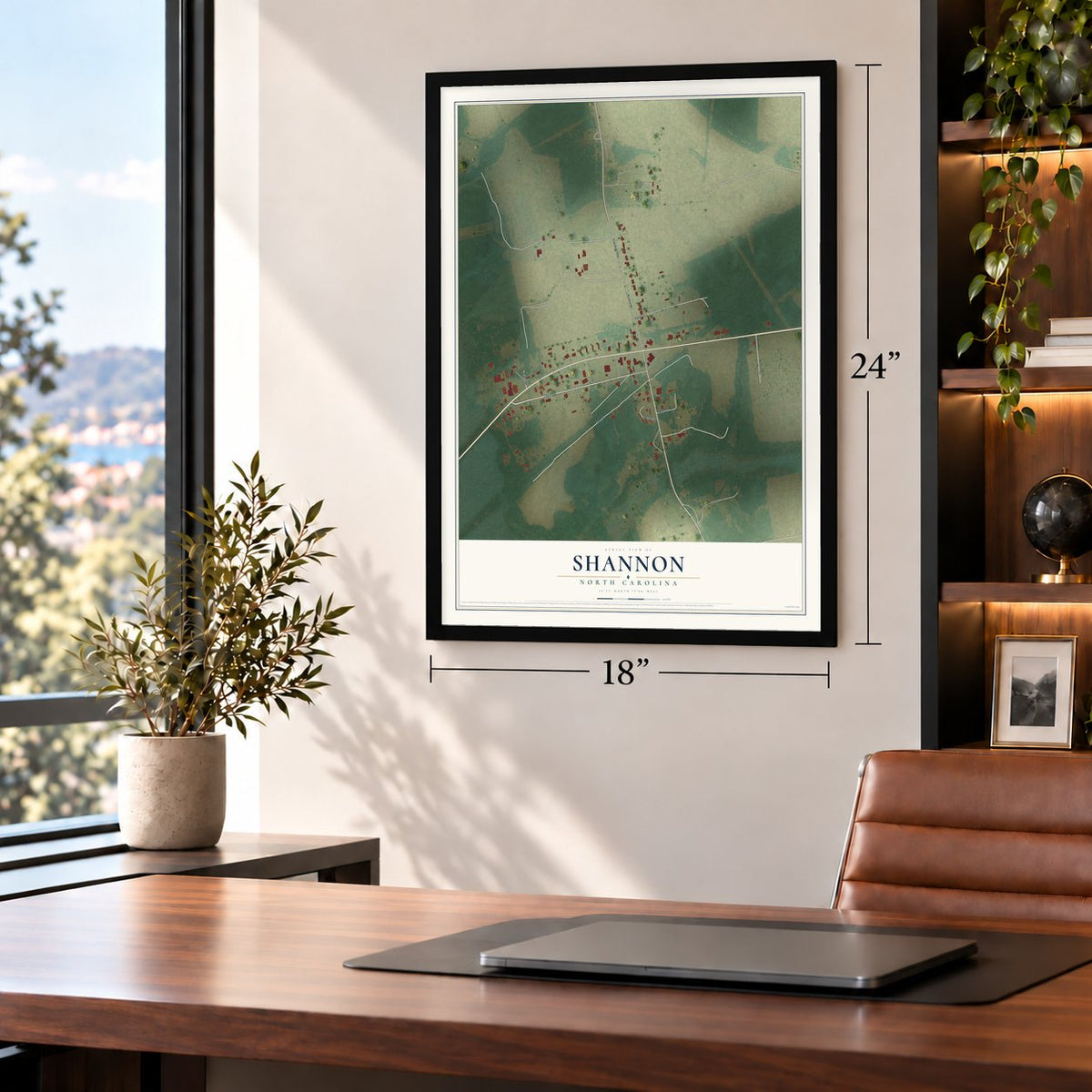Shannon, North Carolina map, 18 x 24 inch print in a black frame in a home office