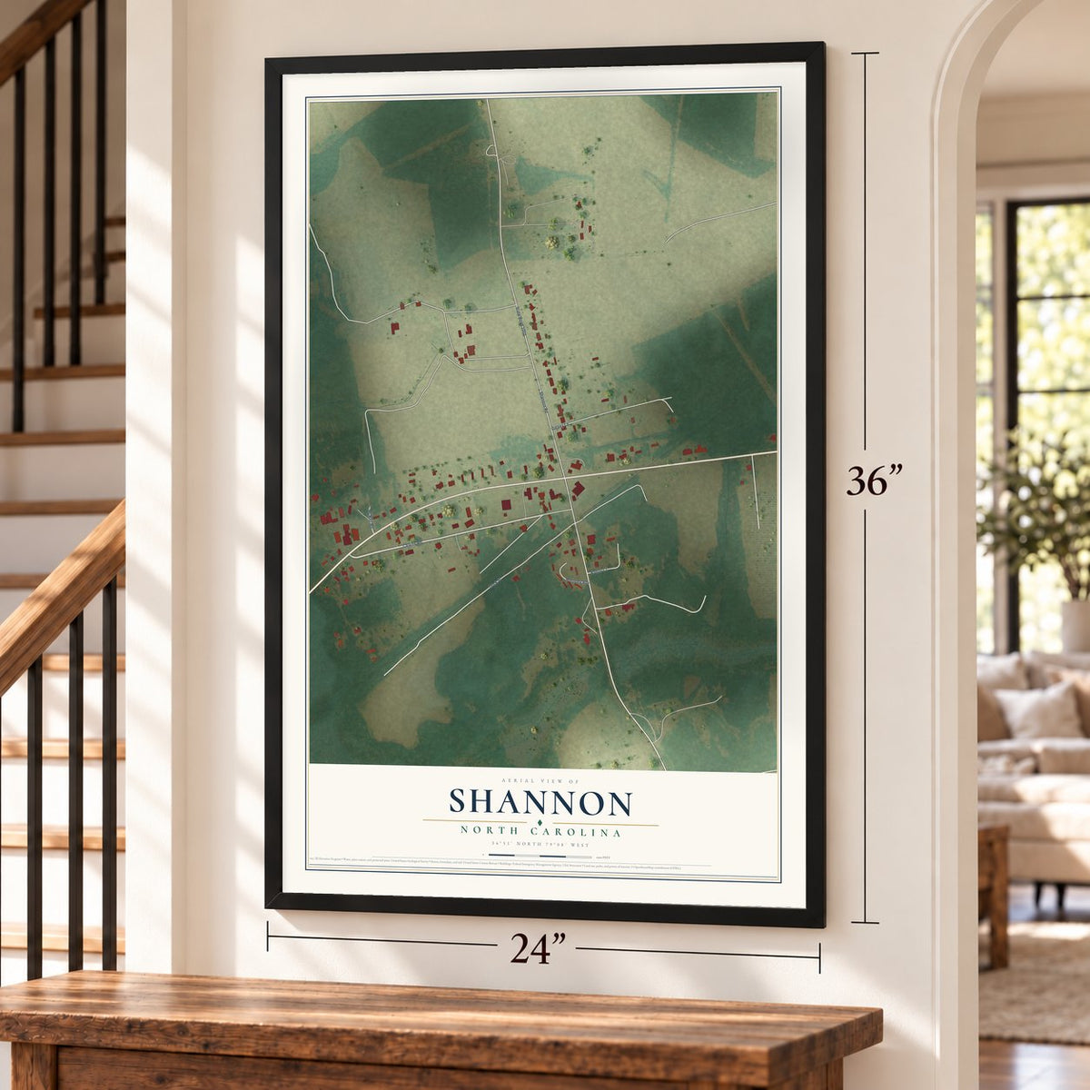 Shannon, North Carolina map, 24 x 36 inch print in a black frame by a staircase