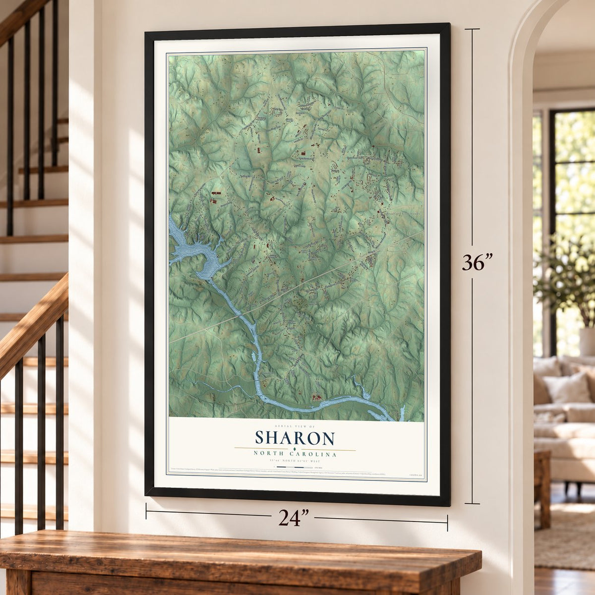 Sharon, North Carolina map, 24 x 36 inch print in a black frame by a staircase
