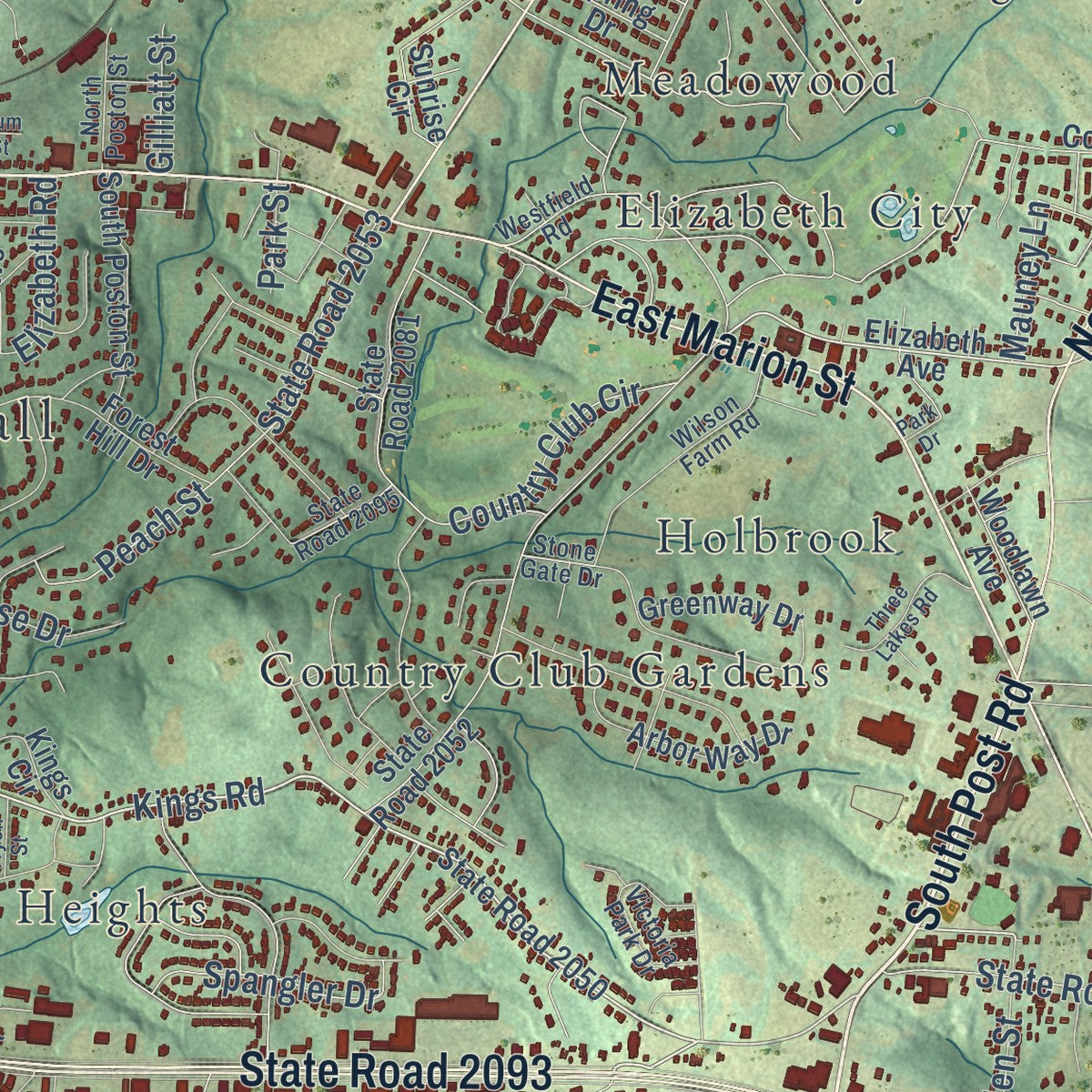 Second close-up of the map of Shelby, North Carolina print showing more streets and buildings