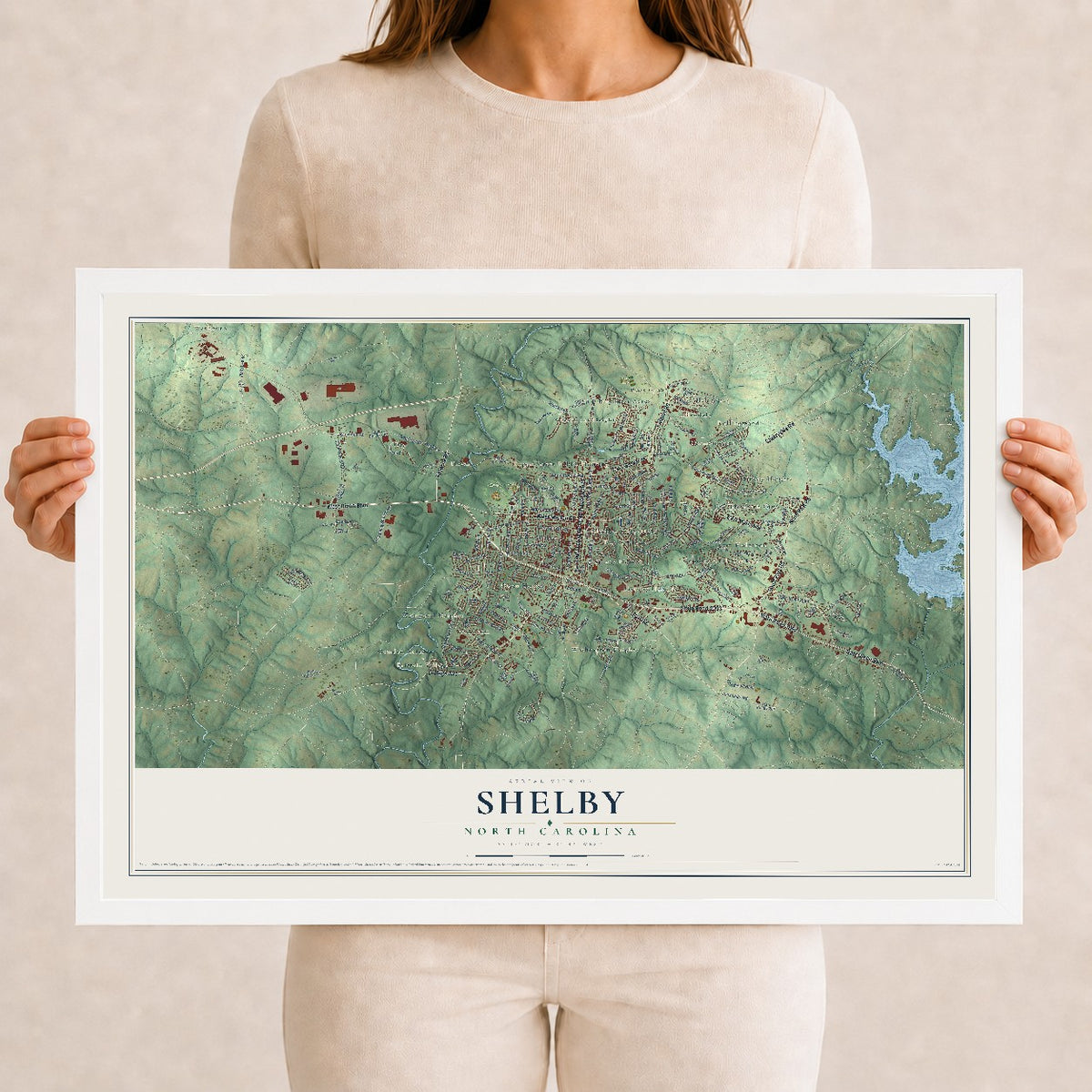 Map of Shelby, North Carolina, 12 x 18 inch print in a white wood frame