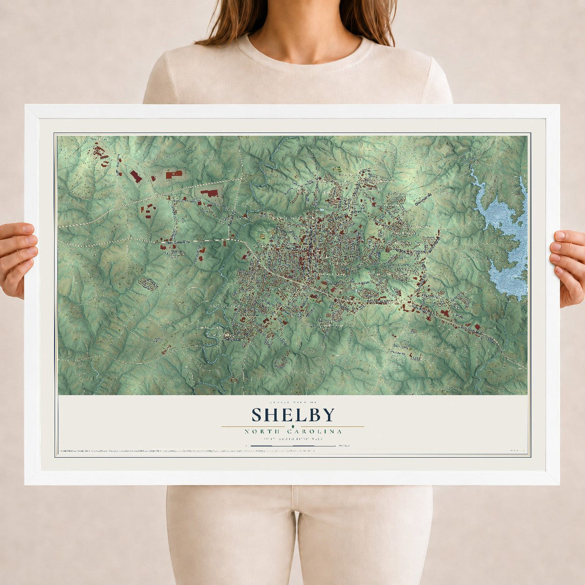 Map of Shelby, North Carolina, 18 x 24 inch print in a white wood frame