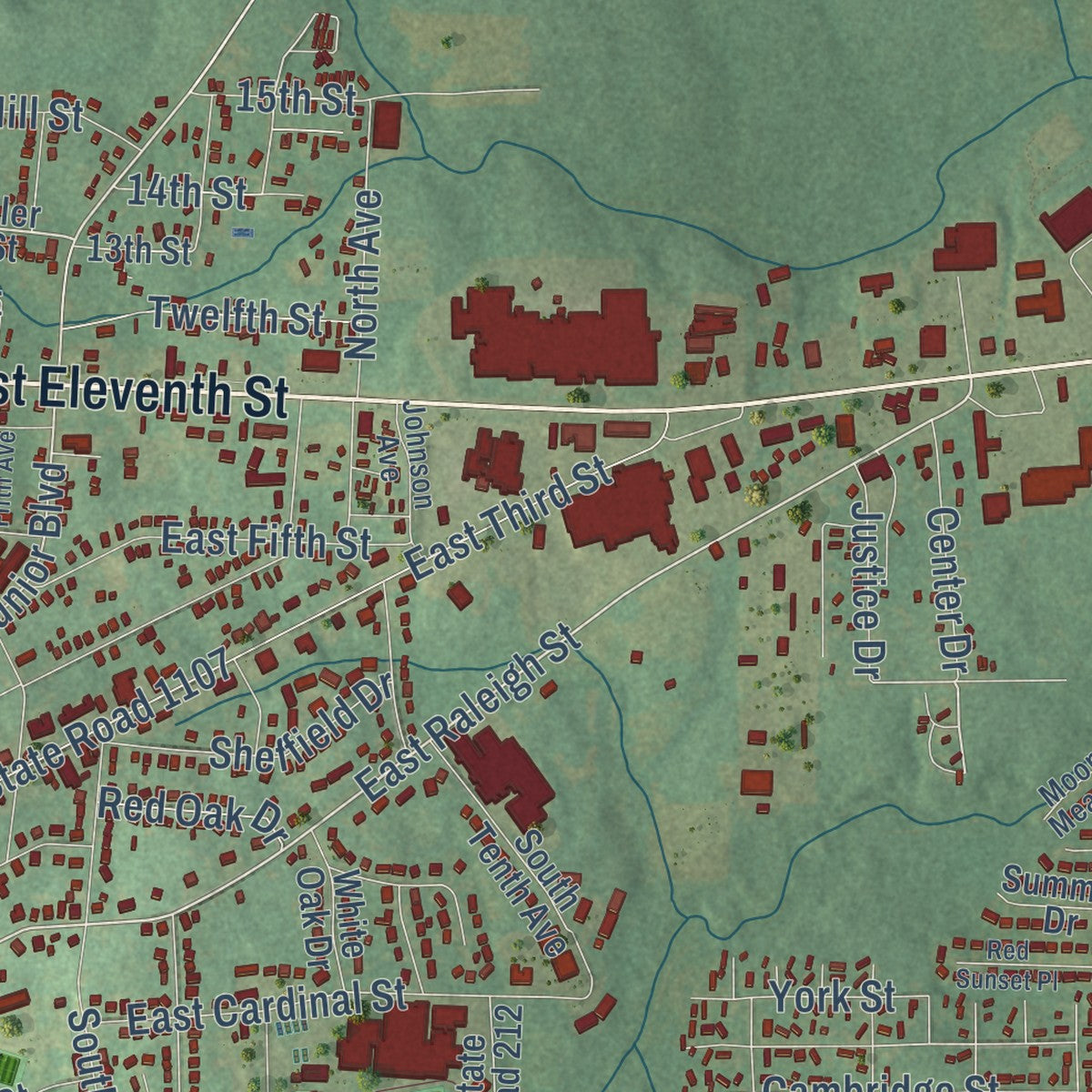 Close-up of the map of Siler City, North Carolina print showing street and building detail