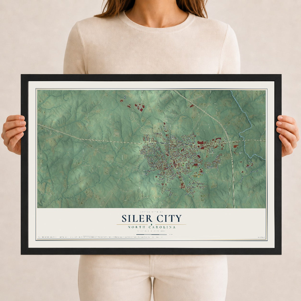 Map of Siler City, North Carolina, 12 x 18 inch print in a black wood frame