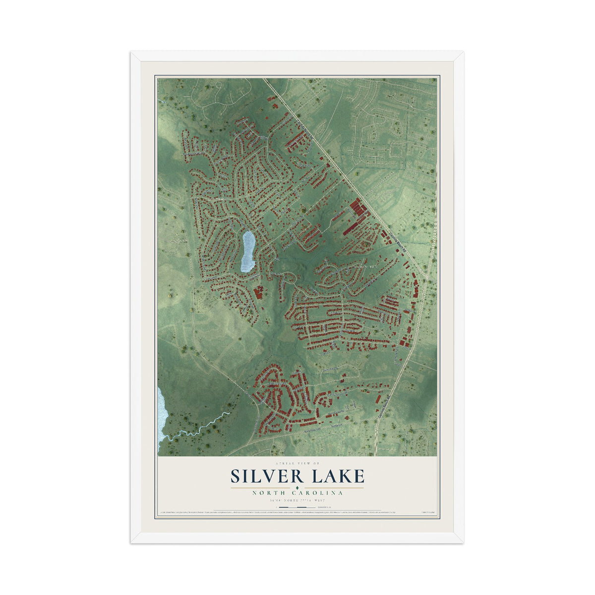 Map of Silver Lake, North Carolina, 12 x 18 inch print in a white wood frame