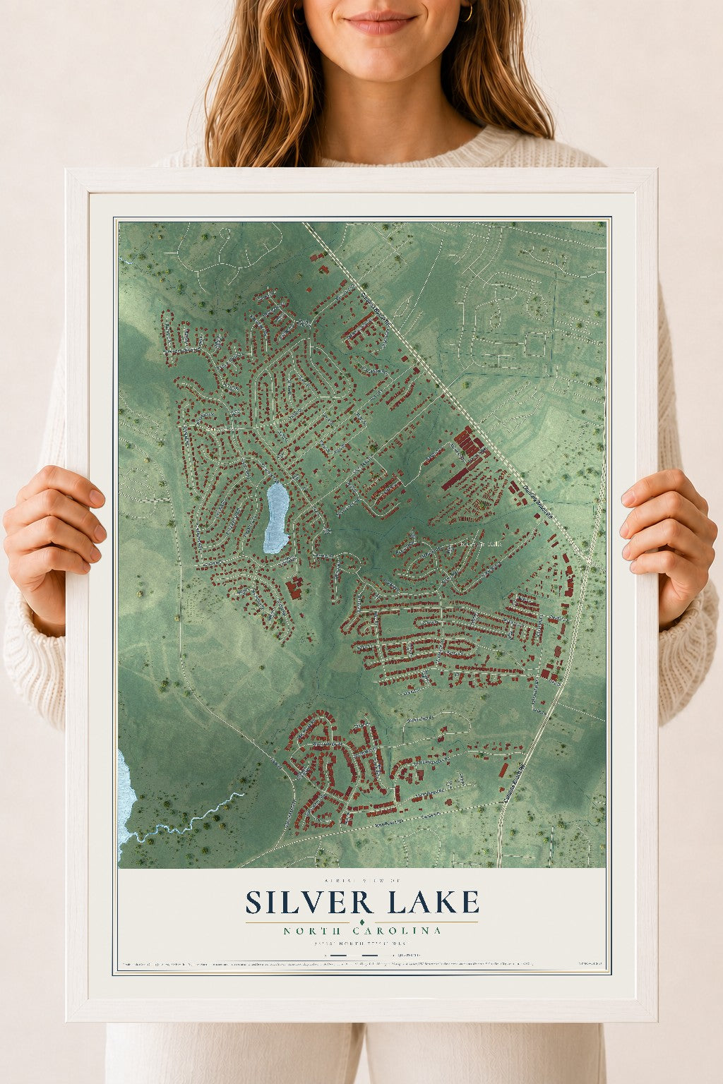 Map of Silver Lake, North Carolina, 18 x 24 inch print in a white wood frame